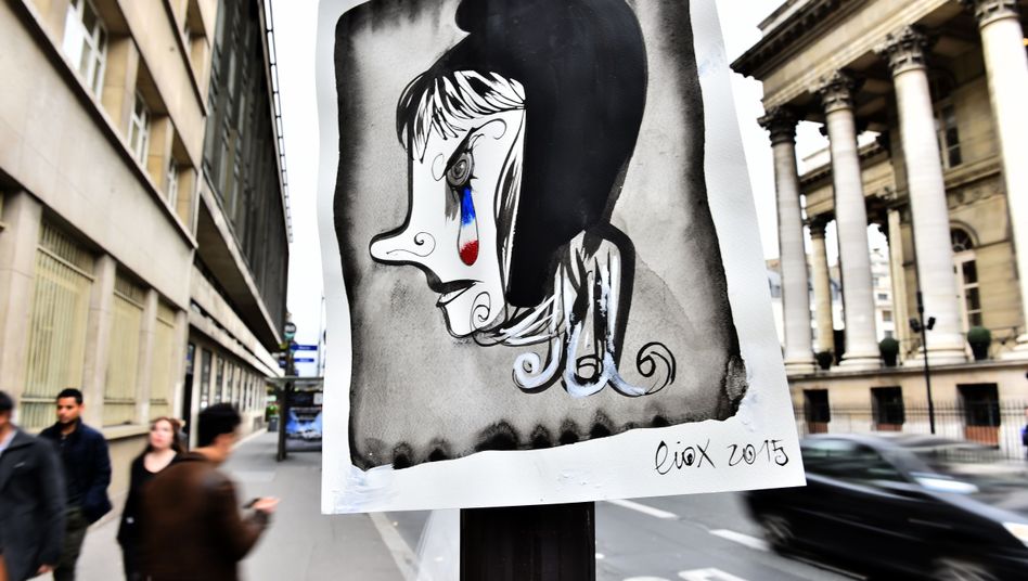 Der französische Zeichner Liox hat die französische Nationalfigur Marianne traurig, aber auch wütend gezeichnet.